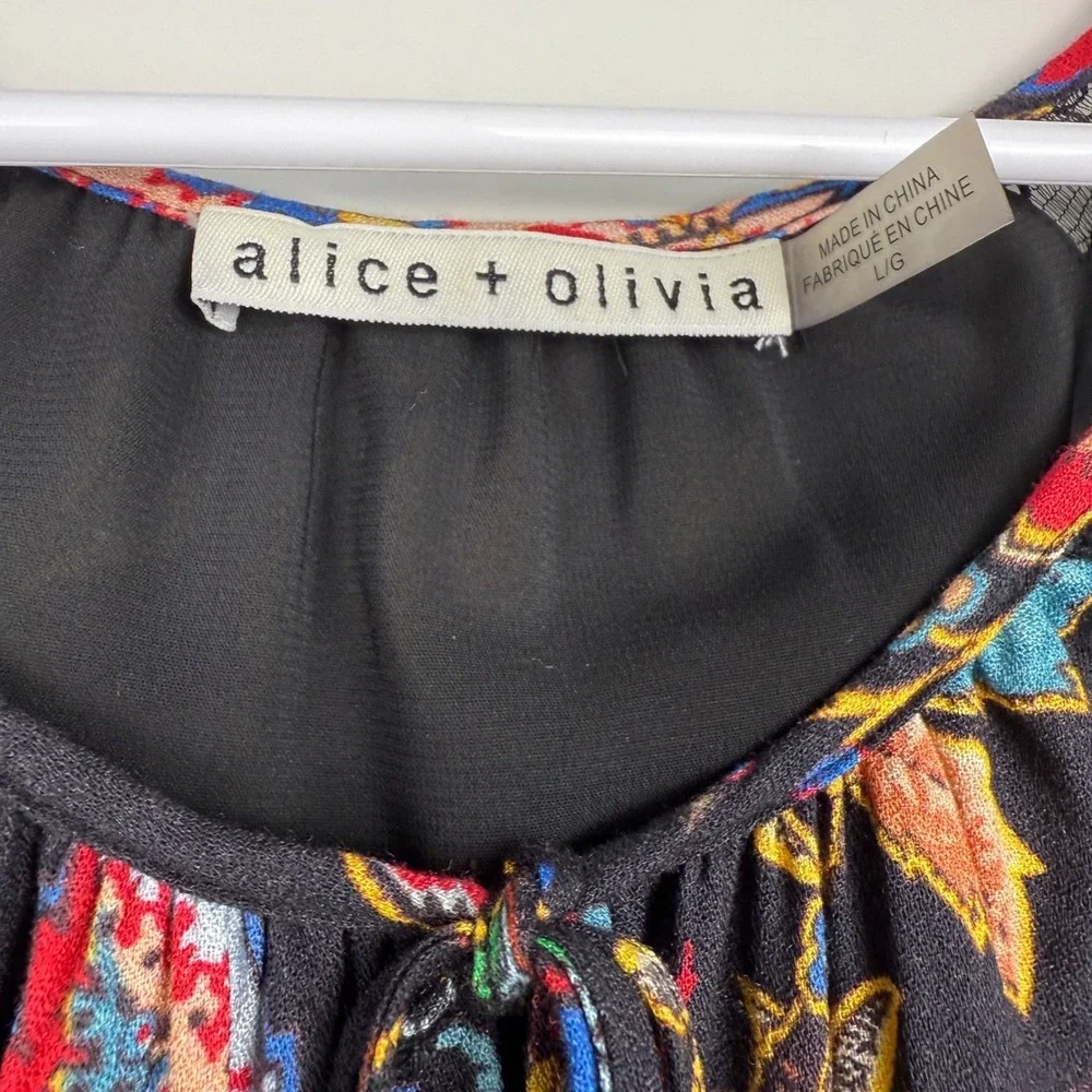 Alice + Olivia Lakita Floral Lace Trim Boho‎ Dress Black Multicolor Tiered Large - Picture 5 of 16